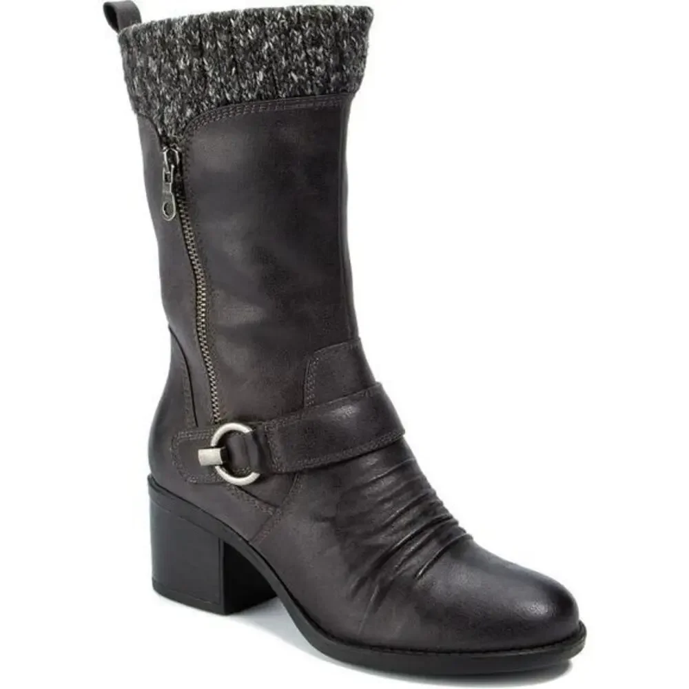 Baretraps Wylla mid-calf black sweater cuff block heel boots zip close size 5.5